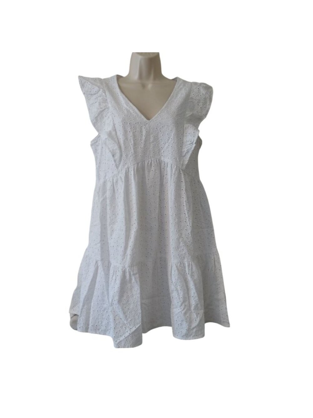 Time And Tru Women White Eyelet Ruffle Sleeveless Tiered Mini Dress Size M 8 10 - Picture 2 of 12